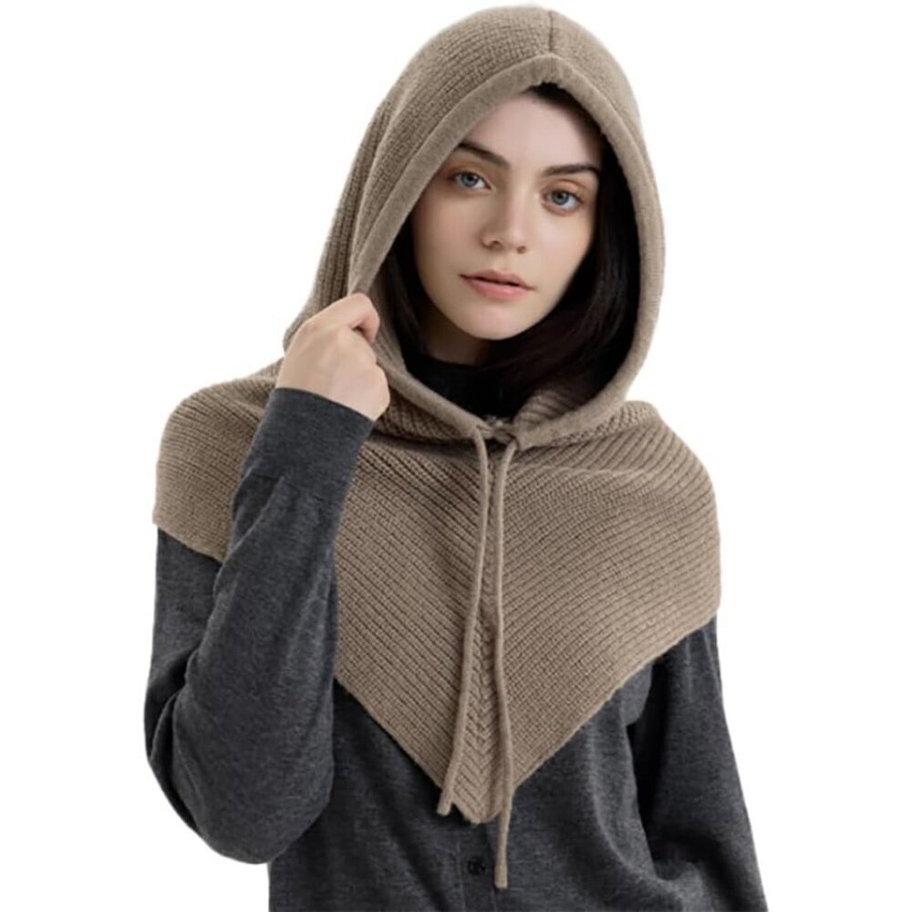 Women Khaki Hooded Scarf Winter Beanie Hats Beanies Knitted Crochet Hat
